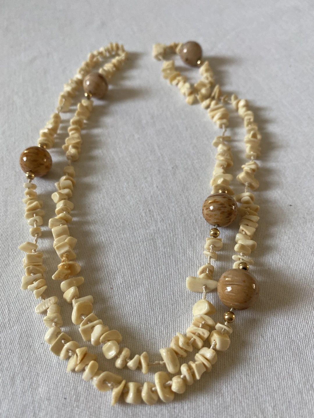Vintage Two-Strand Necklace with Polished Cork/Shell Chunks and Marbled Beads