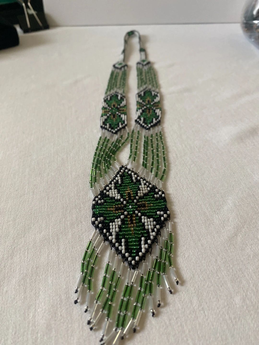 Handmade Traditional Ukrainian Glass Seed Beaded Gerdan Necklace with Fringe