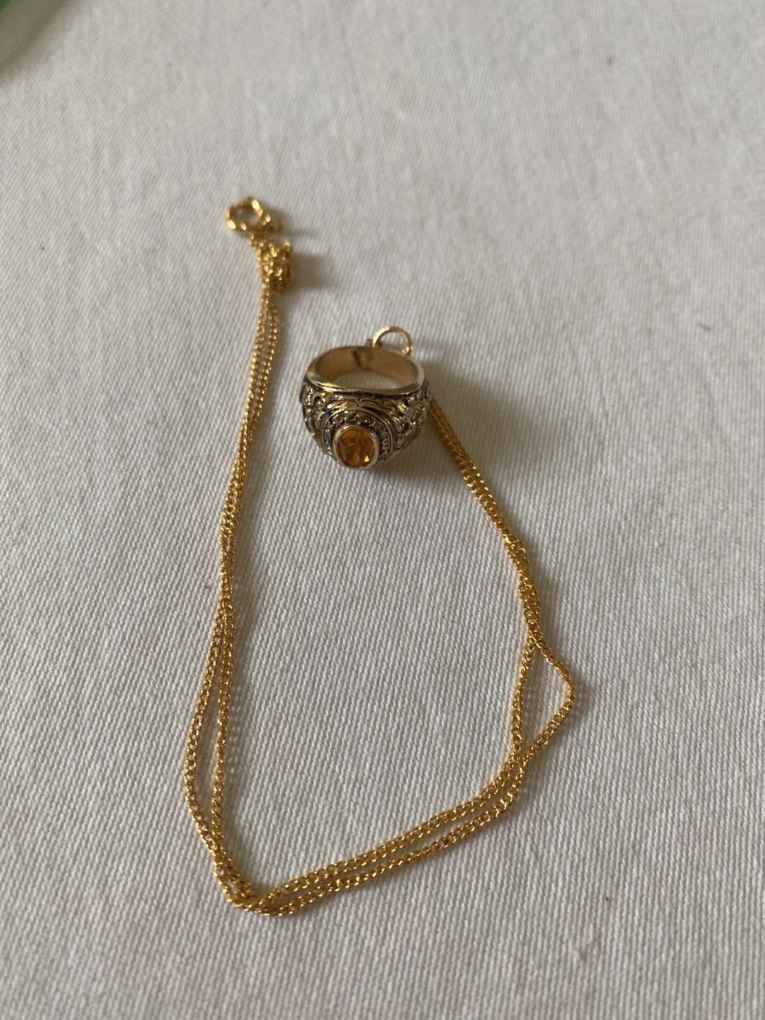 Vintage Gold Plated Ornate Ring Pendant with Orange Gemstone on Chain