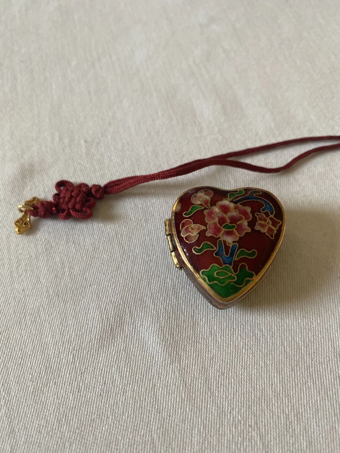 Vintage Chinese Cloisonn√© Heart Locket with Floral Design and Red Cord