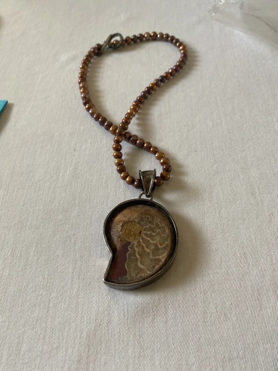 Ammonite Fossil Pendant Necklace with Beaded Chain