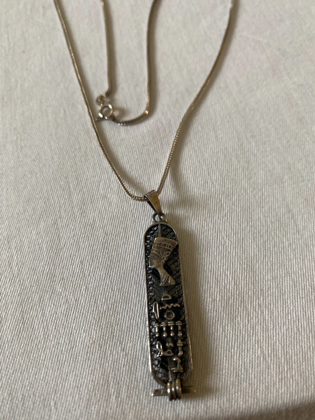 Vintage Egyptian Revival Sterling Silver Cartouche Necklace with Nefertiti