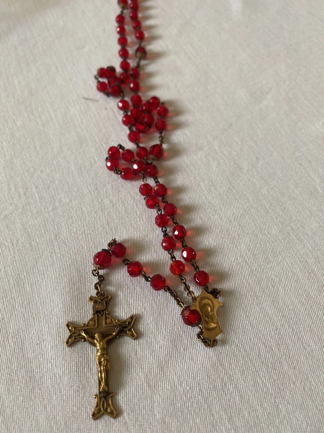 Vintage Red Glass Bead Rosary with Gold-Tone Crucifix and Madonna Pendant