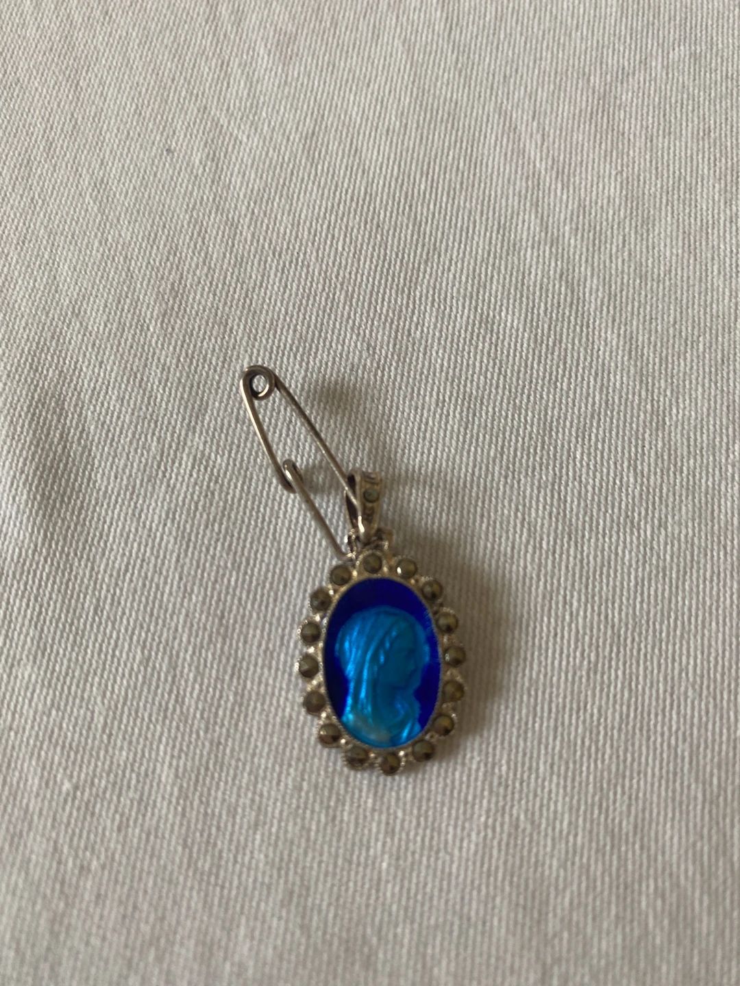 Antique Sterling Silver Blue Enamel Virgin Mary Medal with Marcasites