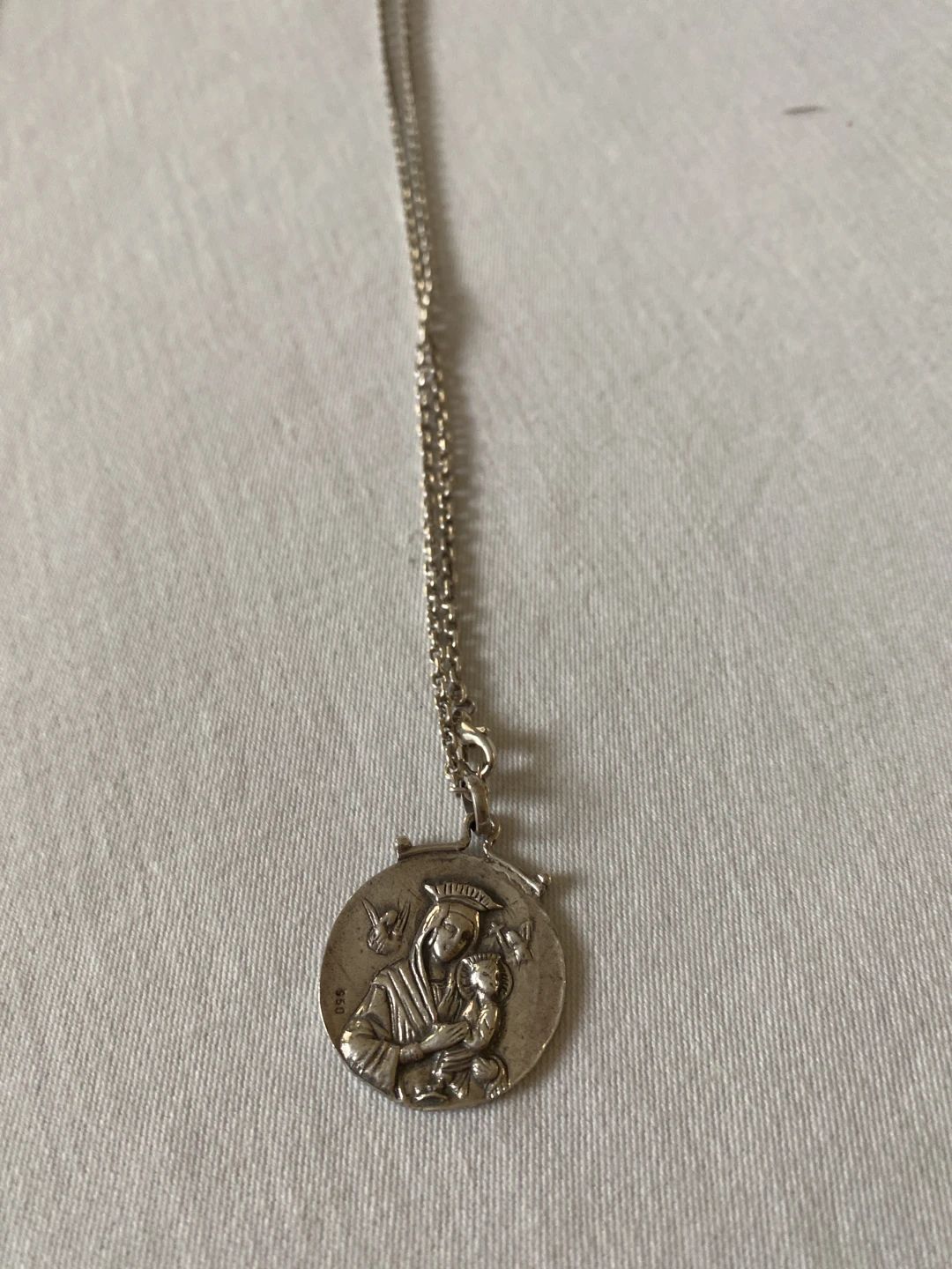 Vintage Italian Silver Virgin Mary Baby Jesus Religious Medal with Chain