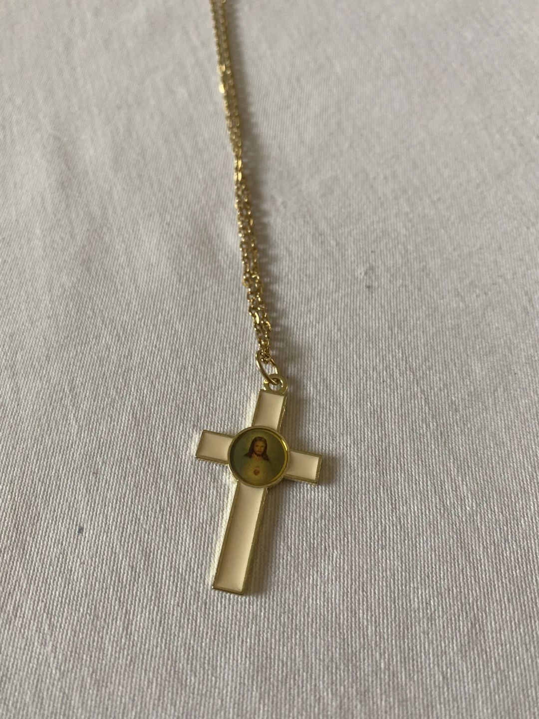 Vintage Gold-tone Jesus Cross Pendant Necklace with Sacred Heart Enamel