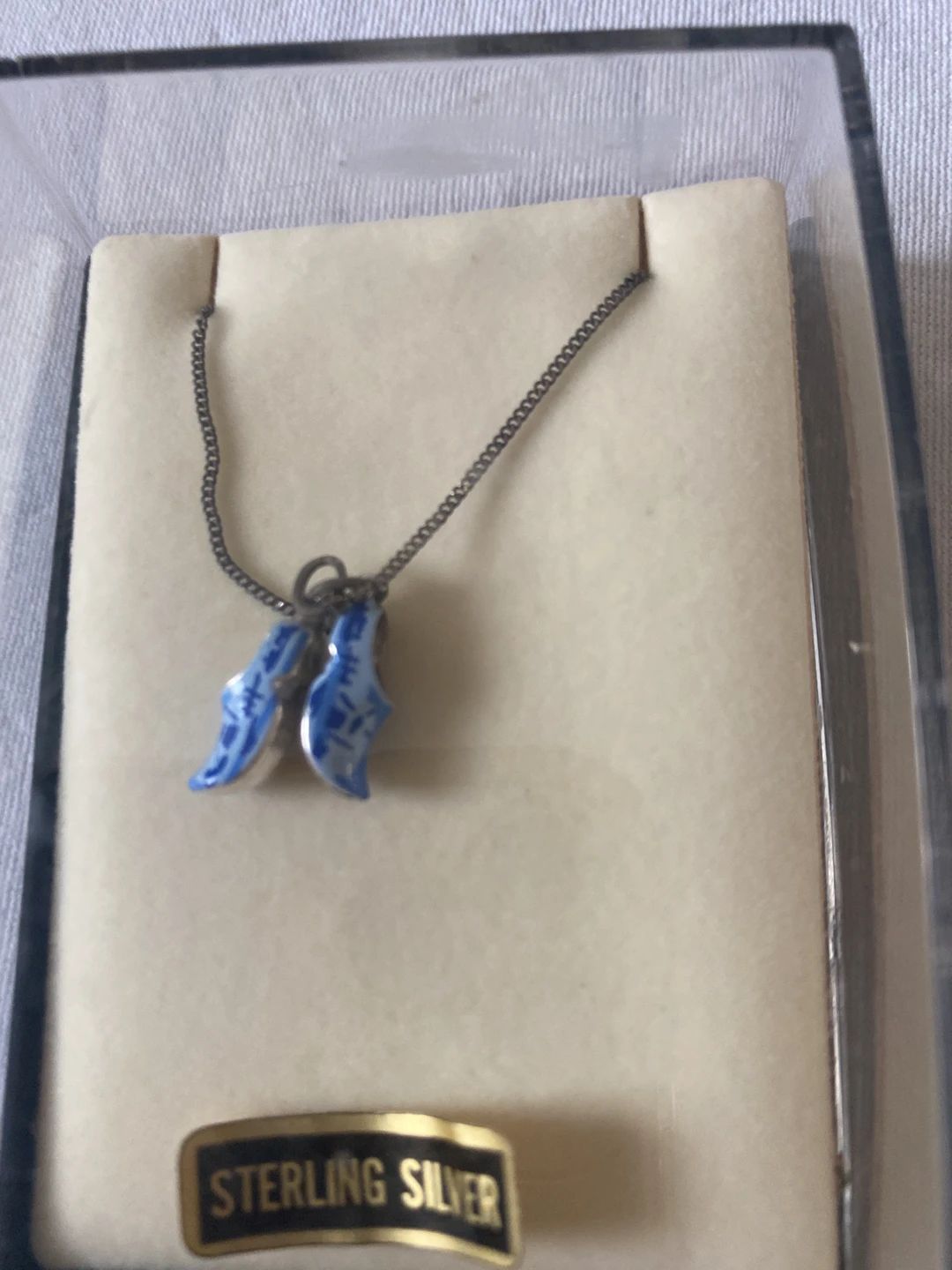 Vintage sterling silver necklace with blue and white enamel Dutch clog charms