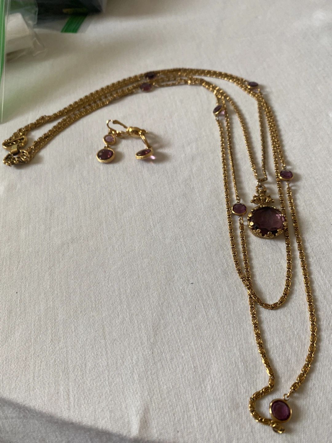 Vintage Goldette Gold-tone Multi-strand Necklace with Purple Crystal Accents and Earrings