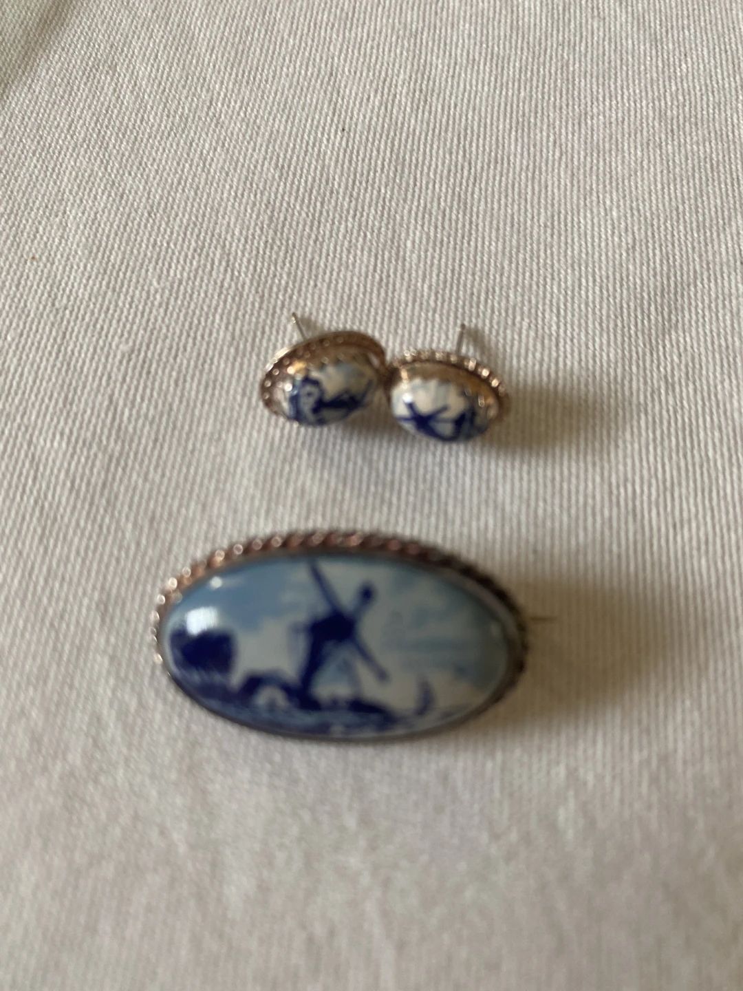 Vintage Delft Blue Windmill Ceramic Brooch and Earrings Set