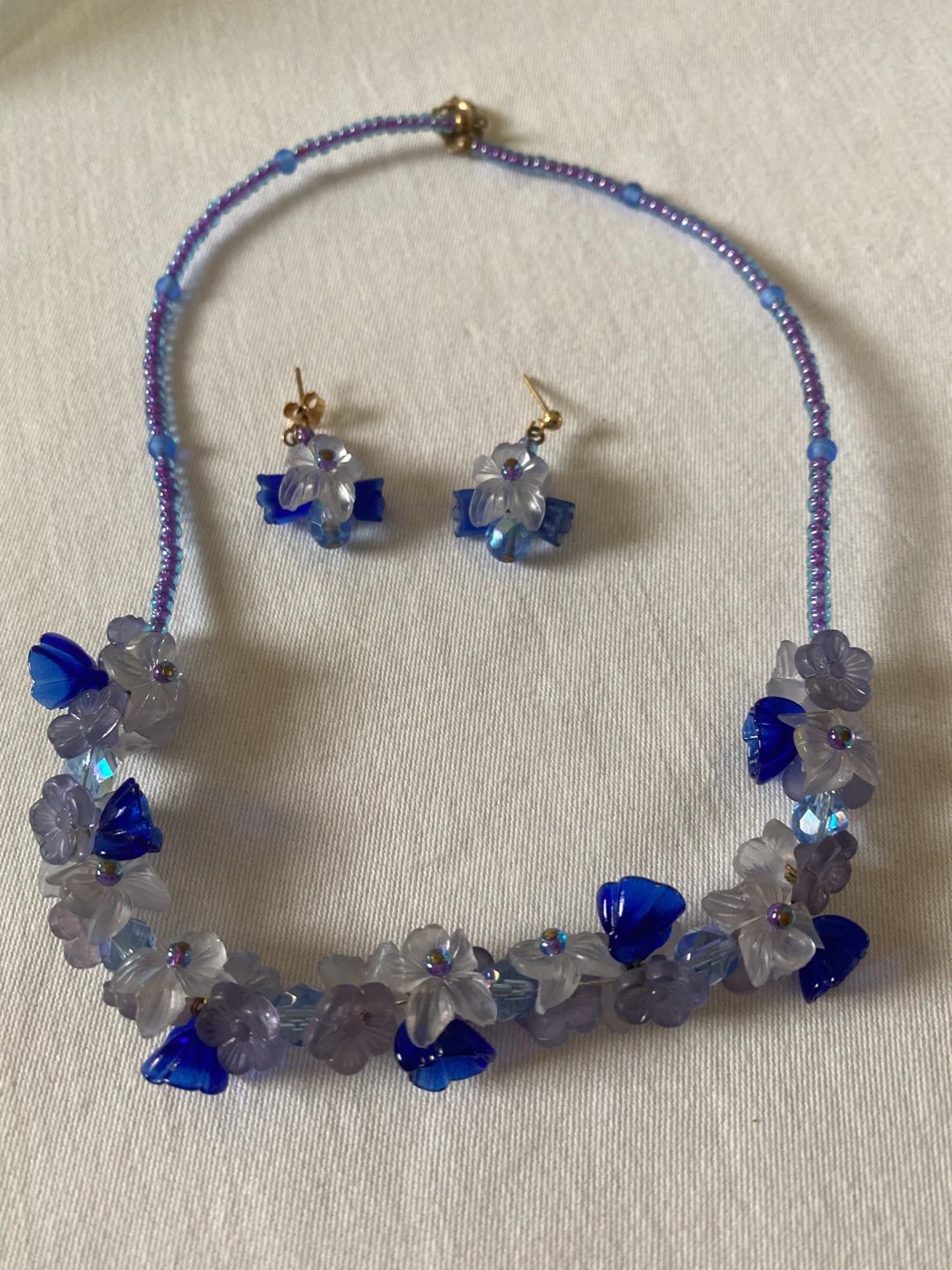 Vintage Iridescent Blue Glass Dainty Flowers Necklace & Earrings Set