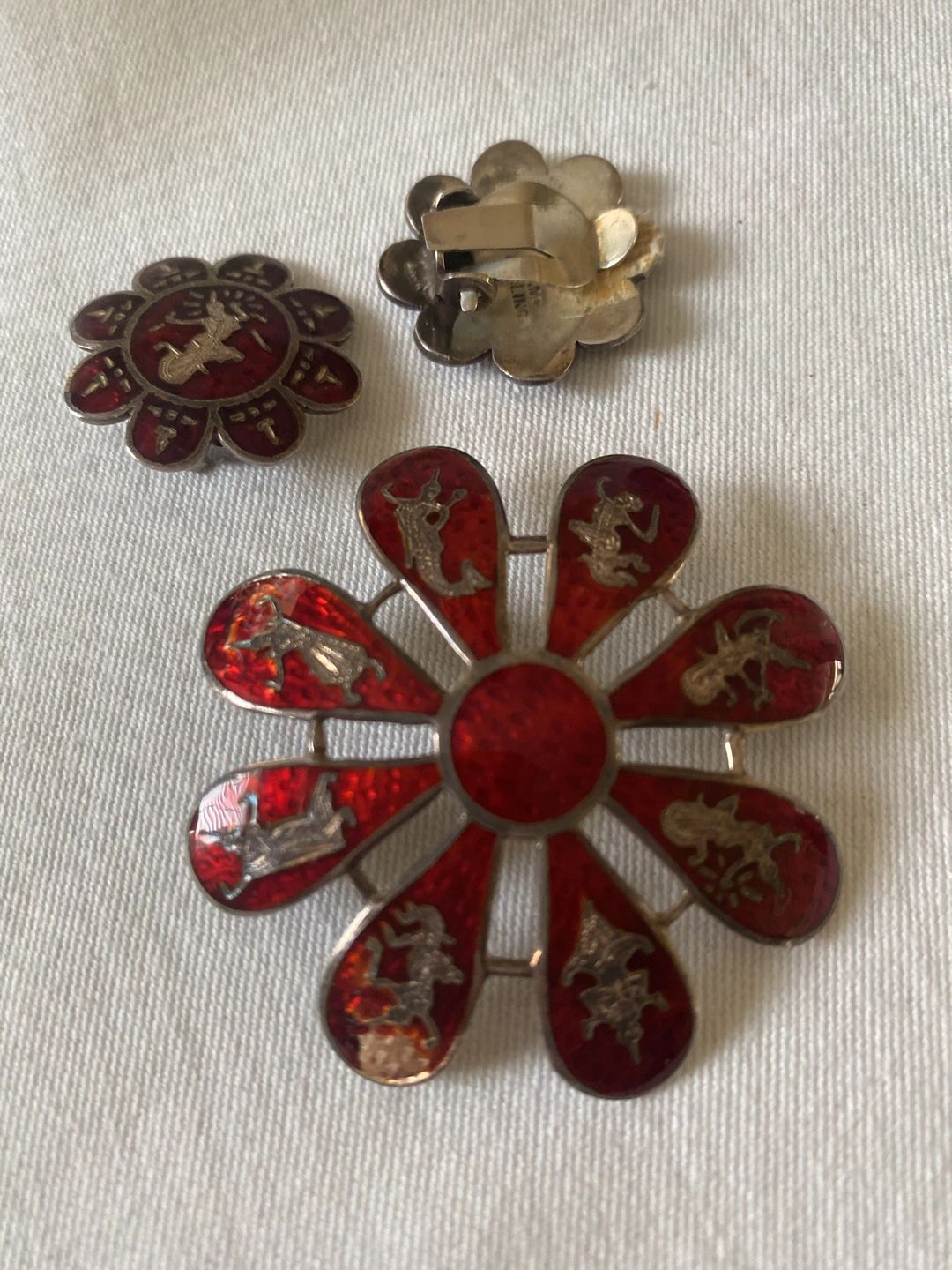 Vintage Siam Sterling Silver Red Enamel Floral Brooch and Earring Set